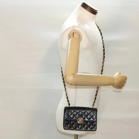 CHANEL Mini Matelasse Chain Shoulder Bag Lamb Skin Black CC Auth - Picture 1 of 16